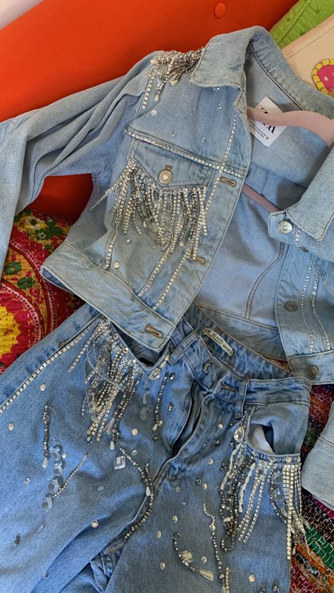 diy rhinestones embellished jeans and denim jacket | party outfit inspo | hand sewing Diy Denim And Diamonds Outfit, Denim And Bling Outfits, Denim And Diamonds Party Outfit Classy, Diamonds And Denim Party Outfits, Denim And Diamonds Party Outfit Ideas, Denim And Rhinestone Outfit, Ccmf Outfits, Denim Diamonds Theme Outfit, Denim Themed Party Outfit