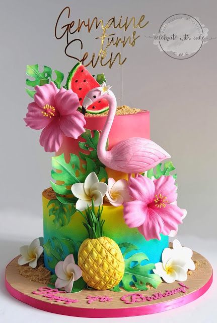 Flamingo Birthday Party Cake, Hawaiian Theme Cakes, Hawaiian Birthday Cakes, Tropical Birthday Cake, Luau Cake, Summer Birthday Cake, Flamingo Birthday Cake, Hawaiian Cake, Flamingo Themed Party