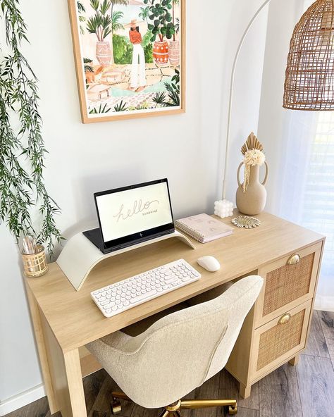 White Desk With Rattan Chair, Beige Chair Desk, Grey With Light Wood, Bohemian Desk Chair, Small Boho Desk, Wicker Desk Chair, Bedroom Inspirations Desk, Beachy Desk Ideas, Boho Office Chair