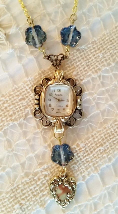 Watch Pendant Necklace, Old Jewelry Crafts, Vintage Jewelry Ideas, Vintage Jewelry Repurposed, Junk Jewelry, Watch Jewelry, Vintage Jewelry Crafts, Vintage Jewelry Art, Repurposed Jewelry