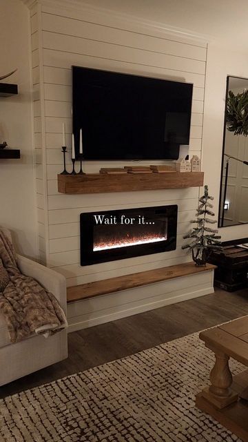 Basement Electric Fireplace With Tv, Built Out Electric Fireplace Wall, Electric Fireplace With Cabinets, Electric Fireplace Modern Farmhouse, No Mantle Fireplace Ideas, Flat Gas Fireplace Ideas, Shiplap Fireplace Wall Vaulted Ceilings, Diy Shiplap Fireplace Wall With Tv, Tv And Fireplace Wall Ideas Bedroom