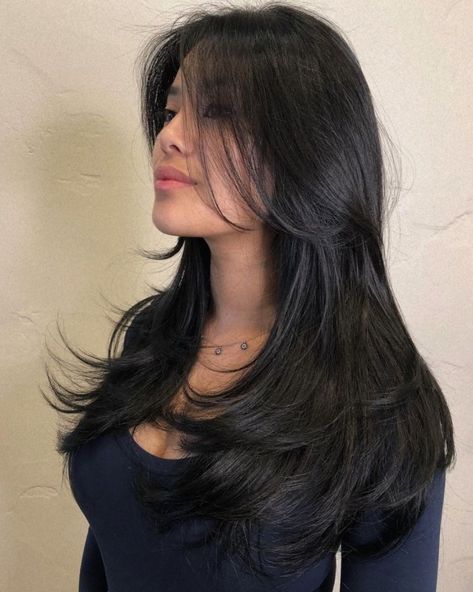 Black Hair Haircuts, Layered Haircuts With Bangs, Hair Inspiration Long, Hairstyles For Layered Hair, Long Layered Haircuts, Hair Stylies, Haircuts Straight Hair, Long Hair With Bangs, Long Black Hair