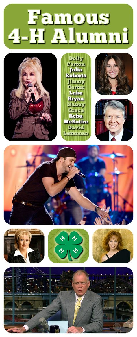 What do these famous icons all have in common? ...They were all #4H members during their youth! (Dolly Parton, Julia Roberts, Jimmy Carter, Luke Bryan, Nancy Grace, Reba McEntire, David Letterman) Showing Cattle, 4h Ideas, Nancy Grace, 4 H Club, Hand Health, Flat Rock, Showing Livestock, Country Stuff, David Letterman