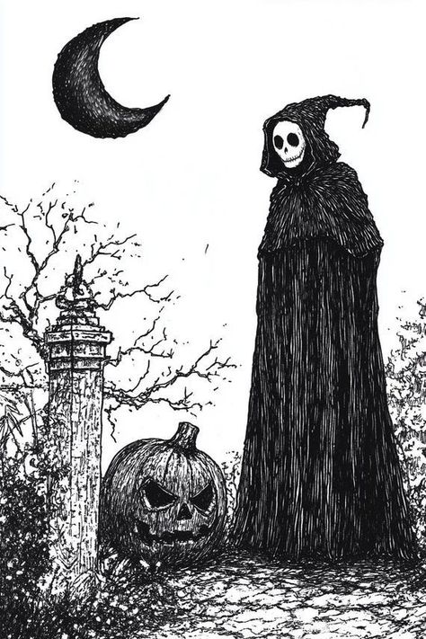 Gothic Halloween Wall Art Inspired by Edward Gorey with Spooky Pumpkin and Haunting Moon Canvas Print for Home Decor by CustomCanvasCurators 🎃 Embrace the eerie allure of Halloween with our captivating artwork inspired by the whimsical style of Edward Gorey! 👻 Perfect for art lovers and Halloween enthusiasts alike, this print will spark conversation and curiosity while setting a spooky ambiance in your home. Available in various sizes, it's a must-have for those who appreciate the extraordi... Spooky Art Nouveau, Gorey Art Style, Black Ink Art Illustrations, Gothic Art Aesthetic, Creepy Silhouette, Occult Art Dark, Graveyard Drawing, Moonlit Graveyard, Gothic Art Style