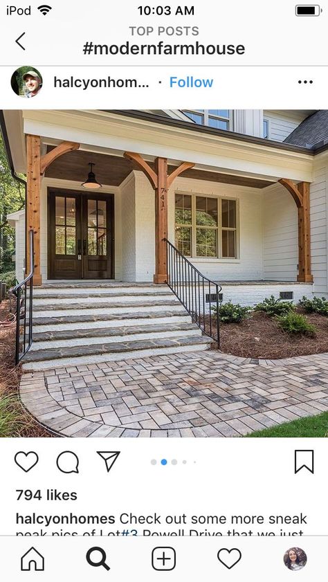 Wood columns, stair railing Wood Porch Posts Columns, Farmhouse Porch Pillars, Outdoor Porch Columns, Front Porch Column And Railing Ideas, Porch Post Ideas Farmhouse, Cedar Posts Front Porch With Black Railing, Porch Columns Makeover Wood, Fake Wood Beams Front Porch, Brick And Wood Porch Columns