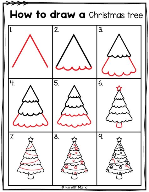 Learn how to draw a Christmas tree with these easy step by step directions. Perfect for kids and adults to join in on the fun! Draw Christmas Tree Easy, Easy Draw Christmas Pictures, Christmas Tree Drawing Step By Step, How To Draw A Simple Christmas Tree, Drawing A Christmas Tree Easy, Large Tree Drawing, Christmas Tree Drawing Tutorial, Xmas Tree Drawing For Kids, Christmas Tree Drawings Easy