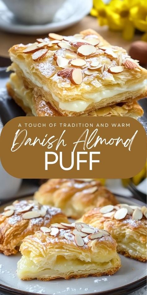 Danish Almond Puff Ingredients: 1 cup all-purpose flour 1/2 cup butter, softened 2 tablespoons water 1 cup water 1/2 cup butter 1 teaspoon almond extract 1 cup all-purpose flour 3 eggs 1/2 cup sliced almonds 1 cup confectioners’ sugar 1 tablespoon milk 1 teaspoon almond extract #Danish #Almond #Puff Swedish Almond Pastry, Almond Flour Puff Pastry Recipe, Almond Pastry Puff, Betty Crocker Danish Puff, Almond Puff Pastry Danish, Sweet Almond Pastry, Almond Paste Puff Pastry Recipes, Almond Paste Puff Pastry, Almond Puff Pastry Recipes