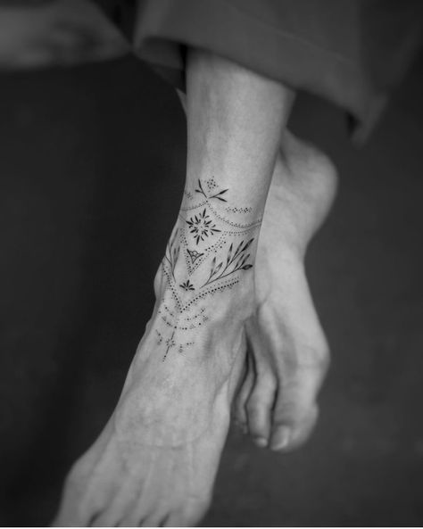 Fine Line Tattoos Forearm, Ankle Ornamental Tattoo, Ornamental Ankle Tattoo, Ornamental Foot Tattoo, Ankle Foot Tattoo, Ankle Tattoos For Women, Anklet Tattoos, Dot Tattoos, Foot Tattoos For Women