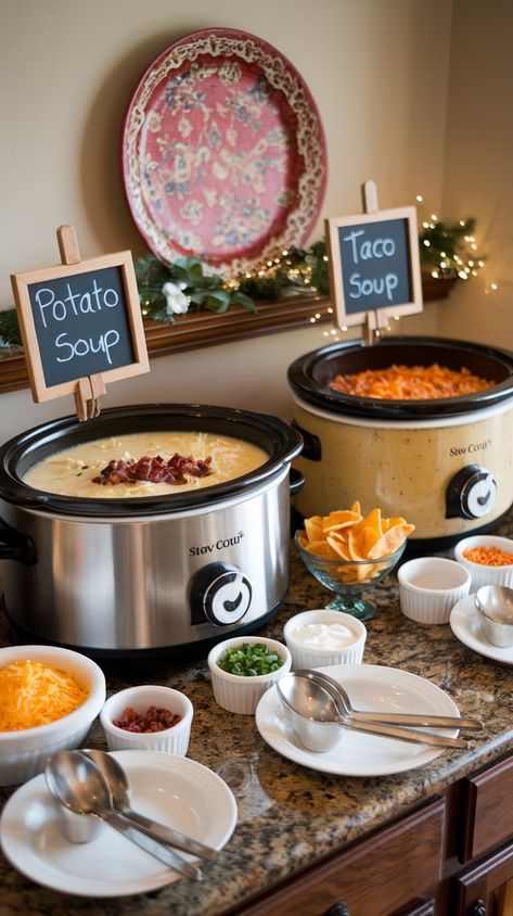 Winter Soup Bar Ideas Parties, Sip & See Baby Shower Ideas, Winter Food Bar Ideas, Soup Bar Baby Shower Ideas, Baby Shower Dinner Ideas Food, Sandwiches For Baby Shower Ideas, Christmas Soup Bar Ideas Parties, Soup Baby Shower Ideas, Pj Baby Shower Theme