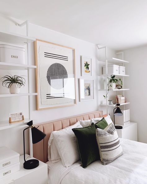 How do we feel about using these bookshelves as nightstands? I'm loving the extra space for memento bins and extra files in this bedroom/office situation.⁣ ⁣ Also added: a few framed photos, art by @blockshoptextiles, some special mementos and throw pillows from @luluandgeorgia . Cabinet shelf by @cb2 (coming at you in another configuration on the cover of my book ;) Stay tuned for more on that tomorrow). 📕📙📒📗📘😬😱😁xx mon Designing Kitchen, Nyc Apt, Simple Bedroom Decor, Home Organizing, White Bedroom Furniture, Gorgeous Bedrooms, Modern Storage, Simple Bedroom, Cozy Place