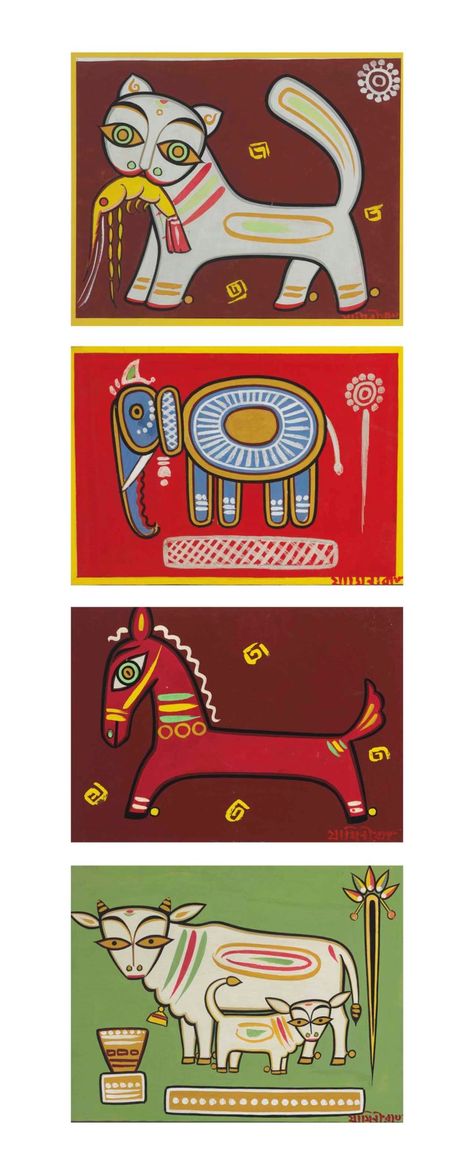 Cats Crafts, Jamini Roy, Phad Painting, Cow And Calf, World Illustration, Bengali Art, Indian Arts And Crafts, Painting Cat, Folk Design