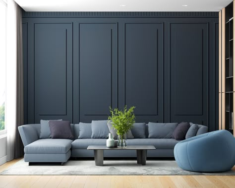 "Modern Dark Blue Wood Panels Wall Mural, Custom sizes, colors and designs MATERIALS: * VINYL ON NON WOVEN BACKING * PASTE THE WALL APPLICATION - premium material * Matte, durable material with two layers: vinyl (PCW) and non- woven fabric. The thickest of materials, really durable and good looking. Requires a glue for application (any glue for a non-woven wallpapers), but the application is easier than traditional, cause you can apply the glue only on wall (you don't have to apply glue on the wallpaper sheets). It is washable and may be apply on humid interiors like bathrooms, kitchens and commercial spaces. * PEEL AND STICK, REMOVABLE - SELF ADHESIVE WALLPAPER - premium material * Easy stick, completely removable, matte fabric. You can easily hang it by yourself with the little help of o Blue Black Accent Wall, Navy Panelled Wallpaper, Navy Panelled Wall, Blue Paneled Walls, Dark Navy Accent Wall Living Room, Navy Blue Wainscoting, Blue And Wood Interior, Grey Blue Accent Wall, Navy Wall Panelling