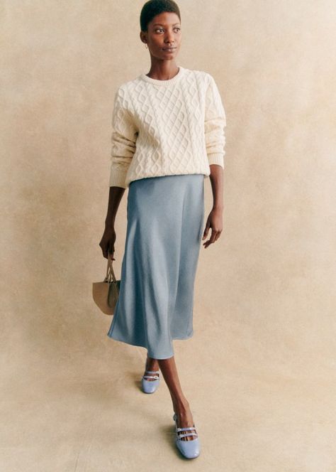 Sezane Sandy Skirt, Blue Skirt Outfit Ideas, Sezane Skirt, Slip Skirt Outfit, Blue Skirt Outfits, Summer Shopping, Midi Skirt Outfit, Fashion Terms, Skirt Trends