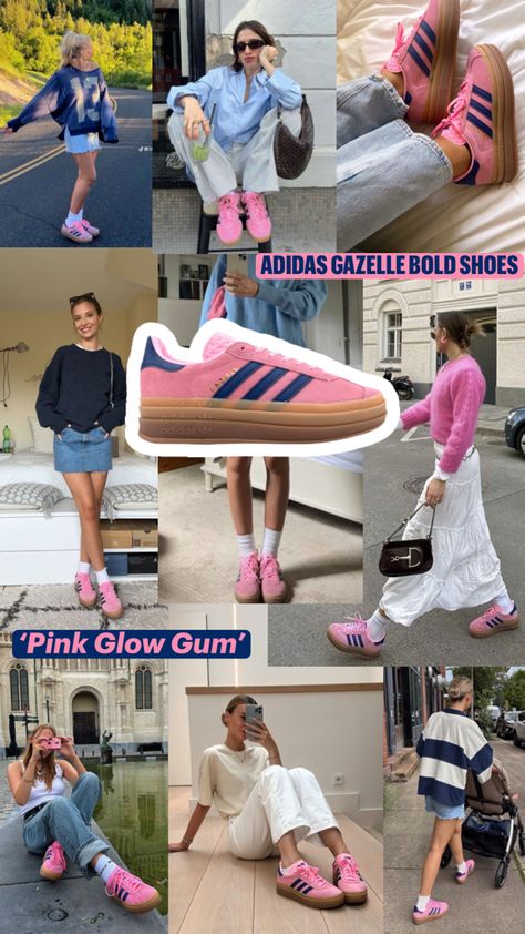 #ADIDAS #AdidasGazelle #PinkAdidasShoes #AdidasPinkGlowGum Pink Adidas Outfit, Adidas Gazelle Bold Pink, Pink Sneakers Outfit, Glow Outfits, Adidas Bold, Adidas Gazelle Pink, Samba Adidas Outfit, Pink Gazelles, Adidas Gazelle Outfit