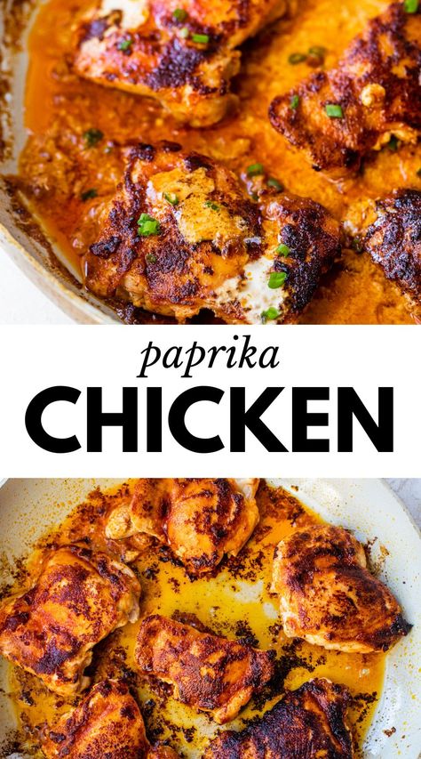 This easy Paprika Chicken recipe is made completely in one skillet, so there's no need to turn on the oven! It's packed with flavor and ready in just 15 minutes. Paprika Chicken Marinade, Sweet Paprika Chicken, Paprika Recipes Ideas, Chicken With Paprika Recipe, Crock Pot Paprika Chicken, Paprika Chicken Recipes, Easy Healthy Chicken Thigh Recipes, Paprika Chicken And Rice, Damn Delicious Chicken