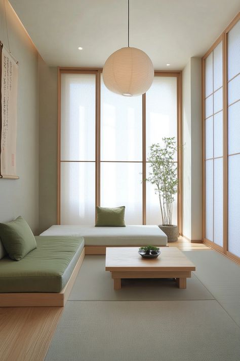 Create a calming atmosphere with this minimalist Japanese-inspired living room decor. Features include natural elements, simple lines, and soft color palettes, perfect for a tranquil space. Ideal for those seeking a zen-like retreat. #LivingRoomDecor #MinimalistDesign #HomeInspiration Floor Sitting Living Room Japanese, Japanese Seating Area, Apartment Decorating Japanese, Minimalist Japanese Apartment, Japanese Small Living Room, Japan Aesthetic Living Room, Tatami Living Room Modern, Japan Interior Design Living Room, Deco Small Living Room