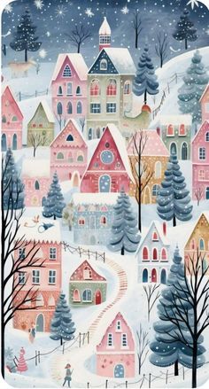 Christmas Art Wallpaper, Christmas Village Wallpaper, Japan Illustration, Wallpaper Christmas, Wallpaper Hp, Xmas Wallpaper, Christmas Illustrations, Winter Illustration, Christmas Phone Wallpaper