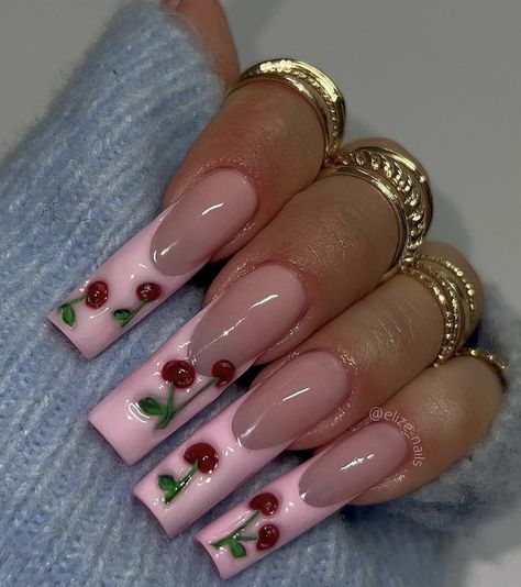 Strawberry Acrylic Nails, Cherry Nails Acrylic, Nail Foil, Nail Polish Gel, Cherry Nails, Drip Nails, Grunge Nails, Really Cute Nails, Bling Acrylic Nails