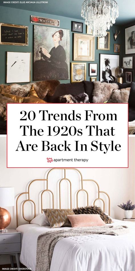 Filled with luxurious fabrics, sharp lines, mixed metallics, and rich color palettes, Art Deco style decor is both glamorous and eclectic. No surprise then that these decor trends are making a comeback. #artdeco #1920s #vintage #designtrends #decortrends #artdecodecor #1920sdecor #antiques #nostalgiadecor #decorideas Art Deco Bohemian Interiors, 1920s Bedroom Decor Vintage, Art Deco Ikea, 1920s Style Bedroom, Art Deco Era Interior Design, Roaring 20s Home Decor, Art Deco Wardrobe Furniture, Gatsby Inspired Bedroom, 1920 Bedroom Ideas 1920s