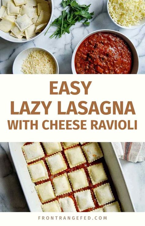 cheesy lazy lasagna using frozen ravioli Frozen Ravioli Lasagna, Frozen Ravioli Bake, Frozen Ravioli Recipes, Ravioli Dinner Ideas, Lazy Crock Pot Lasagna, Cheese Ravioli Recipe, Lazy Lasagna Recipe, Baked Ravioli Casserole, Baked Ravioli Recipe