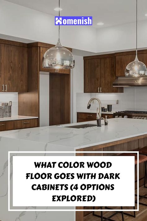 What Color Wood Floor Goes with Dark Cabinets (4 Options Explored) Wood Floors Wood Kitchen Cabinets, Dark Cabinets Wood Floor, What Color Floor With Dark Cabinets, Dark Cabinet Light Floor, Flooring For Cherry Cabinets, Dark Brown Floors Kitchen, Flooring With Walnut Cabinets, Wood Floor And Cabinet Combinations, Wood Floor With Wood Cabinets