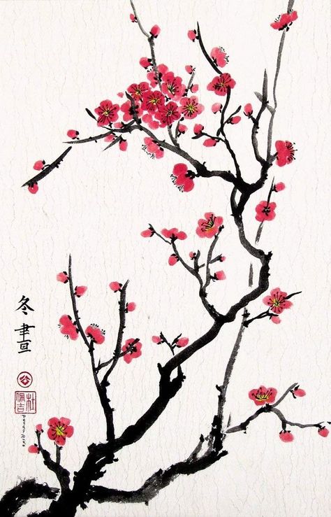 Cherry Blossom Painting, Cherry Blossom Art, Chinese Brush Painting, Chinese Brush, Blossom Tattoo, Cherry Blossom Tattoo, Sakura Flower, Japon Illustration, Pola Sulam