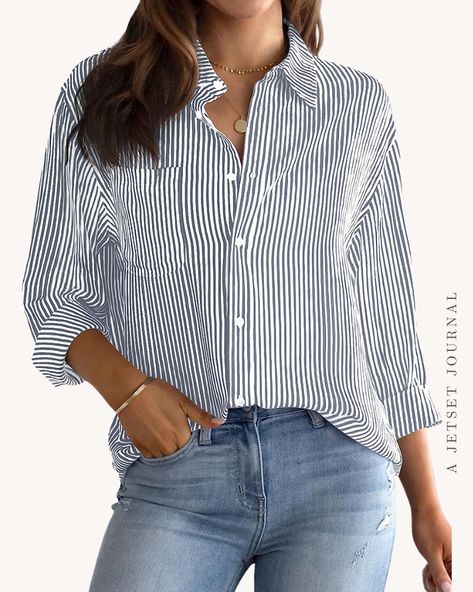 Coastal Girl, Winter Blouses, Casual Coastal, Casual Shirt Women, Women's Button Down Shirt, Casual Long Sleeve Shirts, Basic Shirts, Striped Cardigan, Women Shirts Blouse