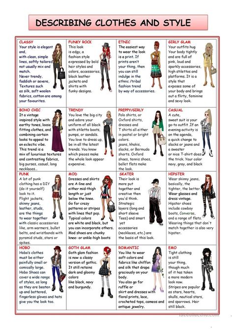 FASHION AND STYLE - English ESL Worksheets for distance learning and physical classrooms Describing Clothes, Mode Style Anglais, English Clothes, How To Have Style, Style Chart, Fashion Words, Fashion Dictionary, Fashion Vocabulary, Clothes Style