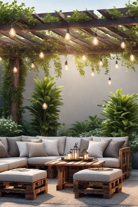 Cozy outdoor seating area with a wooden pergola, hanging string lights, and lush green plants. Backyard Pallet Furniture, Veranda Inspiration, Patio Pallet Furniture, Palette Outdoor Furniture, Palette Crafts, Garden Ideas Using Pallets, Cozy Deck, Outdoor Pallet Furniture, Backyard Pallet Ideas