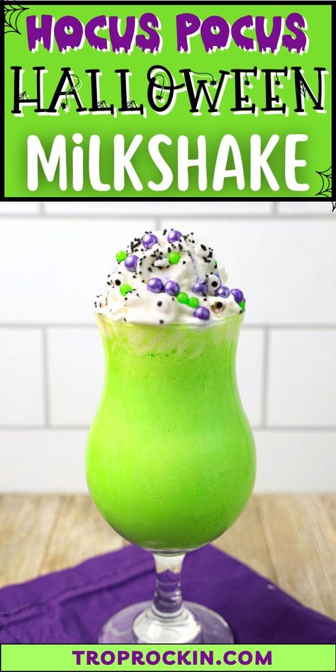 Sprite Halloween Drink, Hocus Pocus Halloween Milkshake, Hocus Pocus Shake, Halloween Slushy Drinks, Halloween Milkshakes For Kids, Beetlejuice Drinks For Kids, Fall Party Drinks For Kids, Kids Fall Drinks, Hocus Pocus Milkshake