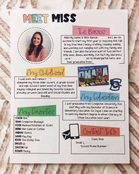 Hannah on Instagram: “Meet the teacher!!! ✨ Spent the afternoon making and formatting this little gem. It might seem a little early, but I swear July is about to…” Meet The Teacher Classroom Ideas, Meet Your Teacher Ideas, Meet The Art Teacher, Pre K Meet The Teacher Ideas, Teacher Instagram Ideas, Meet The Teacher Preschool, Meet The Student Teacher, Student Newsletter, Meet The Teacher Ideas