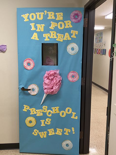 Candy Classroom Decorations, Sweet Treat Classroom Theme, Lollipop Classroom Door, Donut Door Decorations Classroom, Candy Themed Classroom Door, Cotton Candy Bulletin Board, Candyland Classroom Theme Candy Land, Sweets Theme Classroom, Candy School Theme