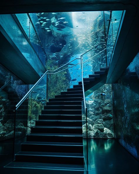 A stairway of a glass aquarium, this interior ai artwork is made using Midjourney. Huge Aquarium House, House With Aquarium, Big Aquarium In House, Aquarium Design Interior, Aquarium In House, Home Aquarium Aesthetic, Aquarium Bedroom, Aquarium Interior Design, Table Settings For Weddings