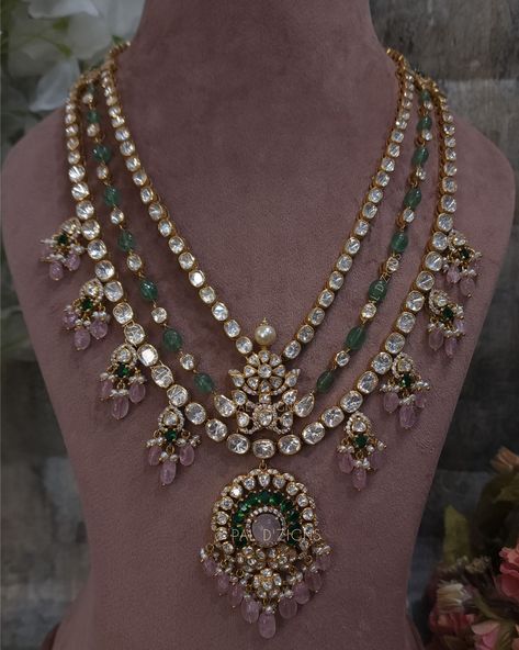 Sabrimala Moissanite Polki necklace Polki Sets Design Jewellery, Long Gold Chain Designs For Women, Victorian Polki Jewellery, Victorian Jewellery Designs, Polki Long Necklace, Polki Diamond Jewellery, Victorian Jewelry Necklace, Long Diamond Necklace, Polki Diamond Necklace