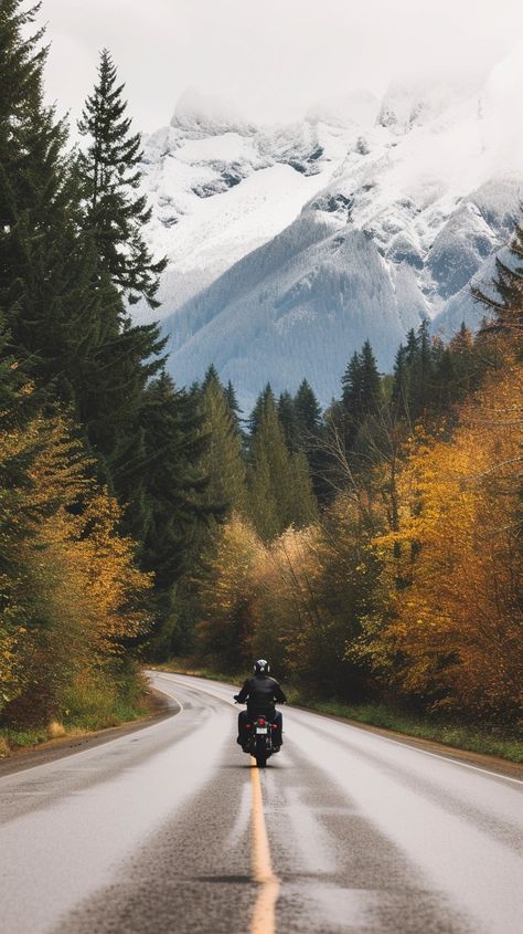 Motorcycle Mountain Adventure: A solo motorcycle rider travels down a picturesque road flanked by autumn trees and snowy mountains. #motorcycle #mountains #adventure #road #autumn #aiart #aiphoto #stockcake ⬇️ Download and 📝 Prompt 👉 https://ayr.app/l/wHJW Motorcycle Road Trip Aesthetic, Fall Motorcycle Photoshoot, Bike Travel Photography, Motorcycle Mountains, Adventure Photoshoot, Moto Wallpapers, Biker Photography, Adventure Motorcycle, Road Photography