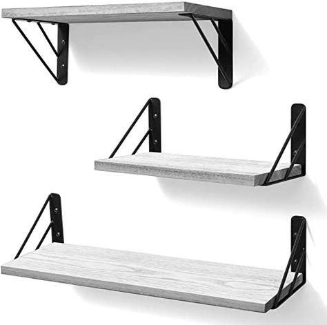 Amazon.com: BAYKA Floating Shelves Wall Mounted, Rustic Wood Wall Shelves Decor Set of 3 for Bedroom, Bathroom, Living Room, Kitchen, Office, Laundry Room (White): Furniture & Decor Wall Shelves Living Room, Simple Bookshelf, Rustic Wood Floating Shelves, Iron Brackets, Wall Shelf Decor, Rustic Wood Walls, Wood Wall Shelf, Wood Floating Shelves, Floating Wall Shelves