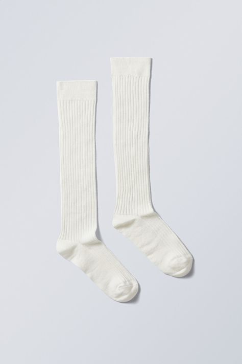 Bell Knee High Socks - Cream White - Weekday FR White Knee Socks, White Knee High Socks, Socks Collection, Printed Socks, Shop Accessories, Online Shop Accessories, White Socks, Women's Socks, High Knees