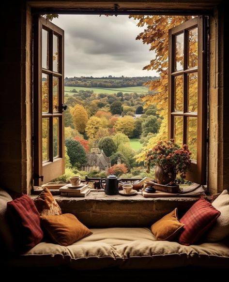 Window With A View, Set Decoration, Country Cottage Decor, Cottage Interiors, Window View, Through The Window, Cozy Nook, Scenery Wallpaper, Autumn Home