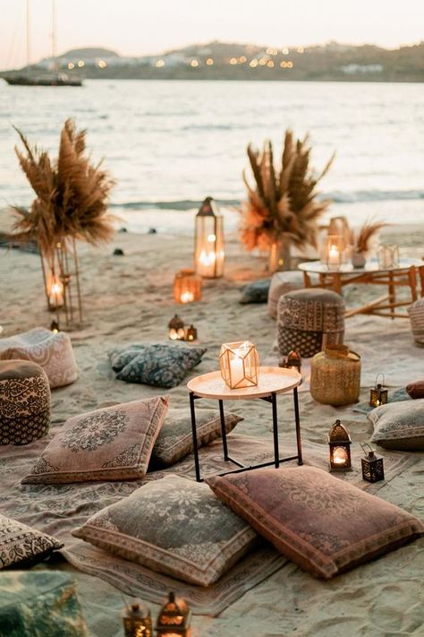 Boho Proposal Setup, Beach Wedding Proposal Ideas, Boho Chic Beach Party, Beach Proposal Setup, Boho Beach Party, Beach Wedding Setup, Beach Setup, Mykonos Wedding, Beach Dinner