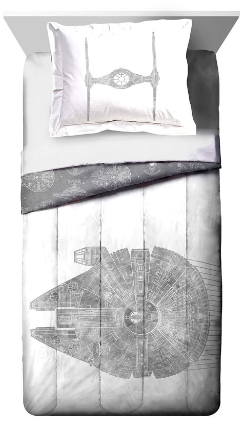 PRICES MAY VARY. Polyester/ 100% Imported PERFECT FIT & FUN DESIGN - Reversible twin/full sized comforter measures 72 inch x 86 inches and includes (2) 20 inch x 26 inches sham. Add a touch of decorative enchantment to your room with our fashionable and super soft Star Wars comforter. Modern design features Millennium Falcon. HIGH QUALITY & EASY CARE - Keep your little one as cozy as can be! Star Wars comforter is super soft and great for all seasons. 100% brushed microfiber polyester allows for Grown Up Star Wars Bedroom, Disneyland Room, Star Wars Zimmer, Star Wars Bedding, Star Wars Bed, Star Wars Bedroom, Full Comforter Sets, Doll Room, Grey Sheets