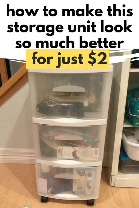 Cheap Desk Organization, Plastic Cart Makeover, Plastic Storage Drawer, Plastic Shelf Makeover Diy, Cheap Craft Room Organization, Chest Of Drawers Diy, Decorative Storage Ideas, Plastic Drawer Storage Ideas, Plastic Storage Bin Makeover