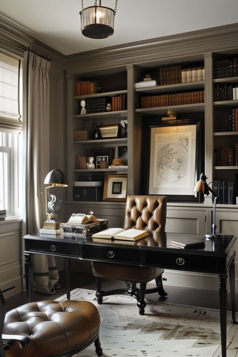 Modern Colonial Home Office, Vintage Men’s Study, Man Office Design, Built In Bookcase Office, Ralph Lauren Office Aesthetic, Old Money Office Design, Sophisticated Office Design, Scottish Office, Neoclassical Office