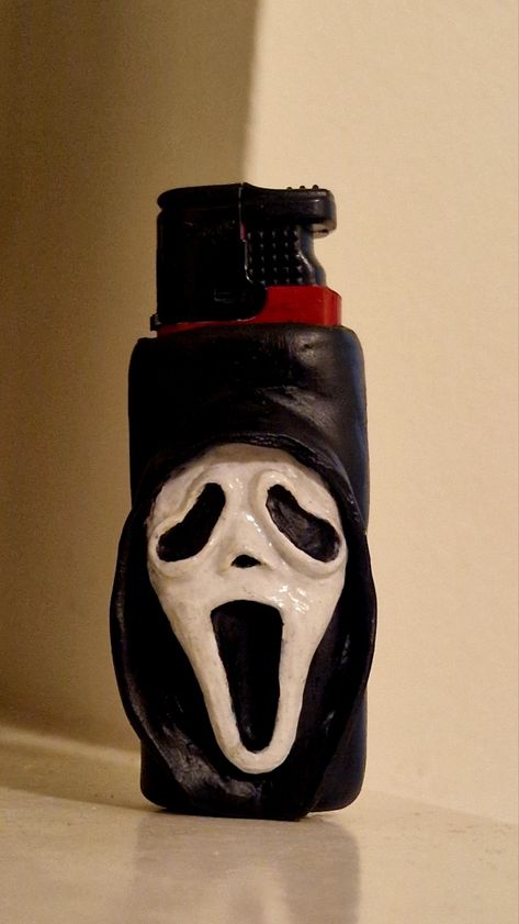 Clay On Lighter, Supernatural Clay Ideas, Lighter Sleeve Clay, Lighter Clay Art, Clay Lighter Case Ideas, Clay Lighter Covers, Clay Ghostface, Scary Clay Art, Lighter Holder Clay