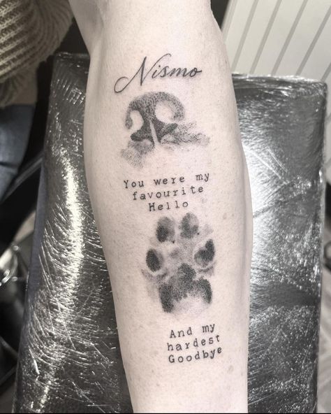 Tatoos Pet Loss, Rest In Peace Dog Tattoo, Footprints Poem Tattoo, Two Paws Tattoo, Paw Print Tattoo Placement Ideas, Tattoo Ideas For Lost Pets, Dog Rememberance Tattoo, Dog Remembrance Tattoo In Memory Of, In Memory Dog Tattoo