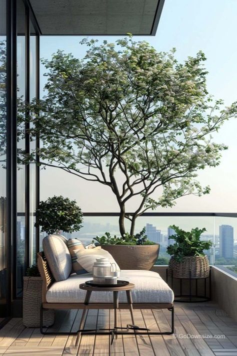 Green Balcony Design, Tree On Terrace, Daybed On Balcony, Balcony Day Bed, Balcony With View, Balcony Planting Ideas, Veranda Garden Ideas, Tree On Balcony, Private Balcony Ideas