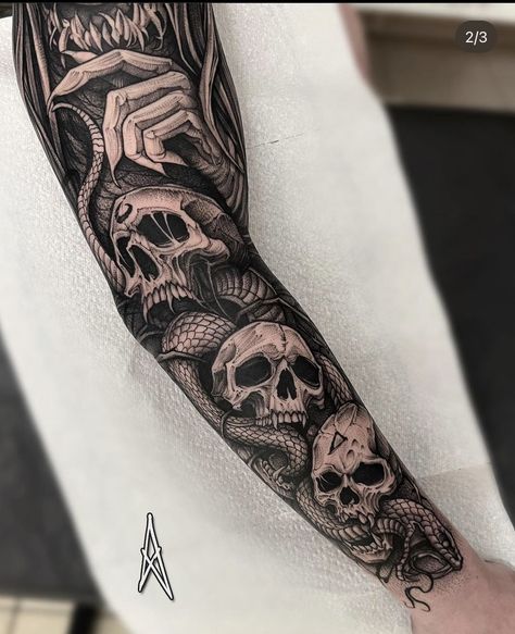 Black Mamba Tattoo, Full Hand Tattoo, Skull Sleeve Tattoos, Skull Sleeve, Realistic Tattoo Sleeve, Full Sleeve Tattoo Design, Men Tattoos Arm Sleeve, Full Arm Tattoos, Scary Tattoos