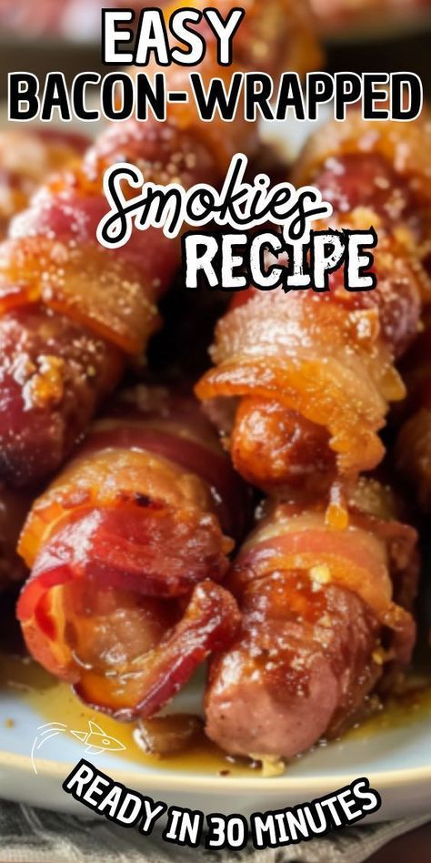 Easy Bacon-Wrapped Smokies – bite-sized bundles of savory goodness that are sure to be the star of any gathering. Picture plump cocktail sausages enveloped in crispy bacon, glazed with a sweet and tangy sauce that's simply irresistible. Whether served as a crowd-pleasing party snack or Smokies Wrapped In Bacon Brown Sugar, Bacon Wrapped Lil Smokies, Wrapped Smokies, Little Smokies Recipes, Bacon Wrapped Sausages, Smokies Recipe, Bacon Wrapped Smokies, Sausage Wrap, Cocktail Sausages