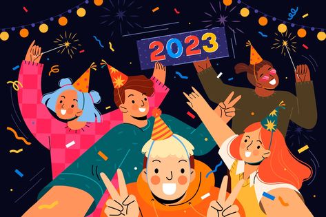 Happy New Year Illustration Design, New Year Illustration Art, New Years Eve Illustration, New Years Illustration, Happy New Year Graphic, New Years Drawing Ideas, New Year's Drawings, Celebration Illustration, New Year Illustration