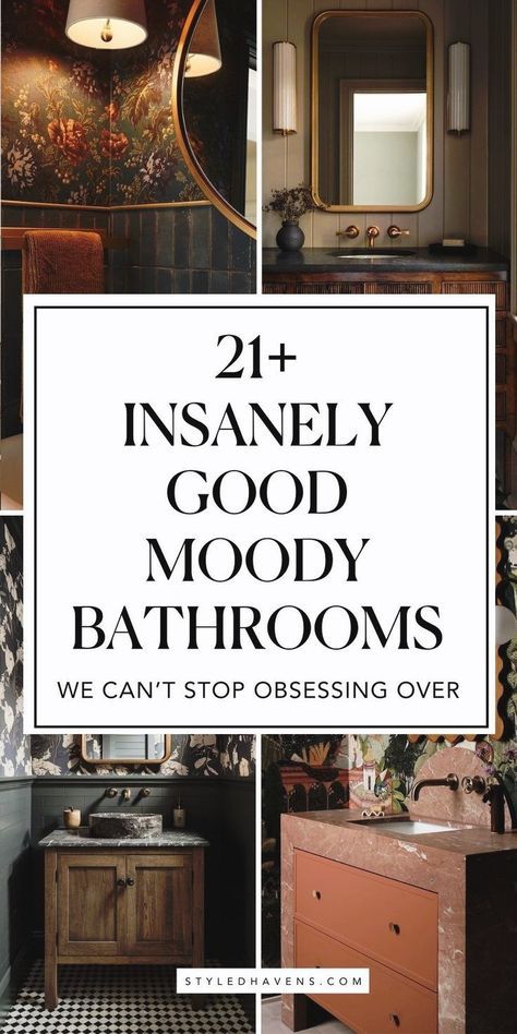 Searching for the best moody bathroom inspo? It's no secret moody bathrooms are trending for 2025 - the deep, jewel tones and rich character are all over the world of modern bathroom design. If you love a good dark bathroom style, these hand-picked bathrooms are for you - including ideas for bathroom decor! (Save to your bathroom interior design board for later!) Dark Powder Room Ideas, Dark Moody Bathroom, Moody Bathrooms, Moody Bathroom Ideas, Small Dark Bathroom, Moody Bathroom, Romantic Bathrooms, Dark Bathroom Ideas, Dark Bathroom