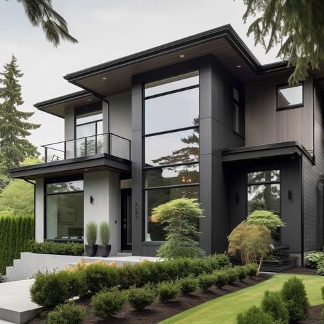 House With Black Trim, Industrial House Exterior, Gray House Exterior, White Exterior Houses, House Outer Design, Grey House, Contemporary House Exterior, Modern Exterior House Designs, Grey Houses